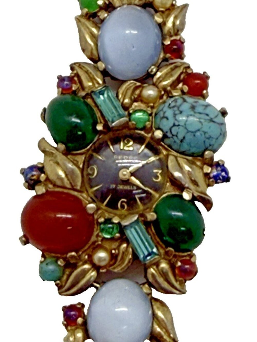 Vtg 1960's Pedre Multi Color Cabachon Rhinestones Gold Tone Watch 17 Jewel Mvmt